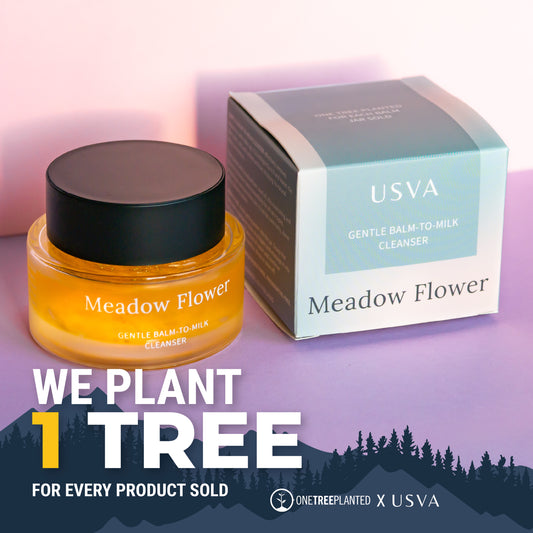 Meadow Flower skincare product with packaging and 'USVA' branding on a purple background.
